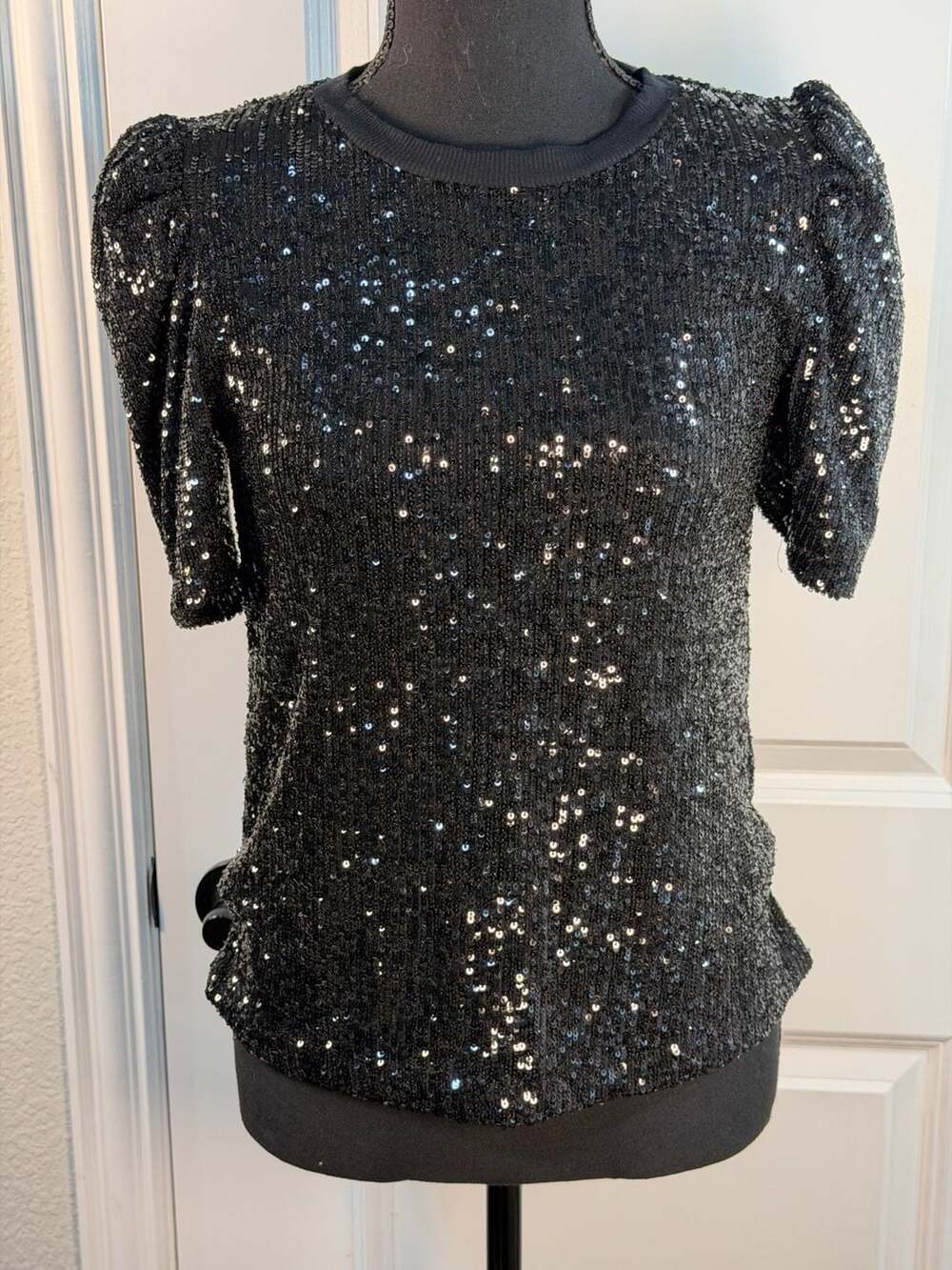 Catherine Malandrino Black Sequin Puff Sleeve Top Size S/P